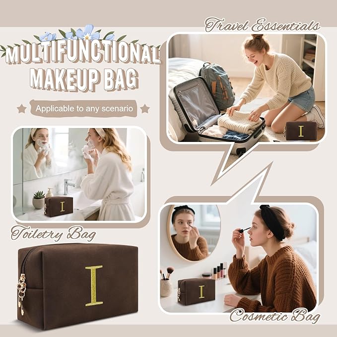 Personalized Initial Makeup Bag,Preppy Suede Cosmetic Bag for Teen Girls,Small Monogram Travel Toiletry Bag With Gold Embroidered Letter,Trendy Stuff Custom Christmas Gift for Women(Coffee-I)