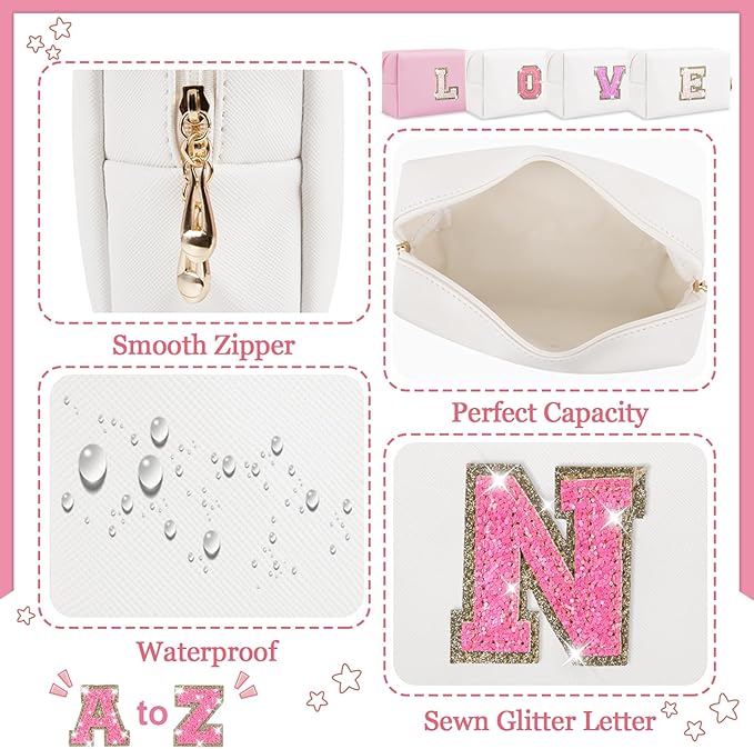 Personalized Initial Letter Makeup Bag, Small Glitter Letter Patch Cosmetic Pouch Zipper, Preppy Makeup Organizer PU Waterproof Travel Toiletry Bag, Monogrammed Birthday Gift for Women Girls
