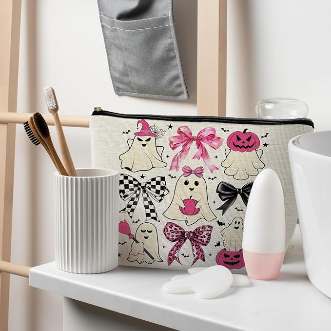 Coquette Bow Ghost Cosmetic Bags: Cute Halloween Gifts for Women, Horror & Spooky Makeup Bags