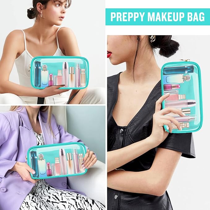 Small Clear Travel Makeup Organizer Bag for Purse, Cute Makeup Bag Preppy Cosmetic Zipper Pouch Purse, Transparent PVC & Nylon Waterproof Makeup Brush Bag Toiletry Storage Clutch for Women Girl(Mint)