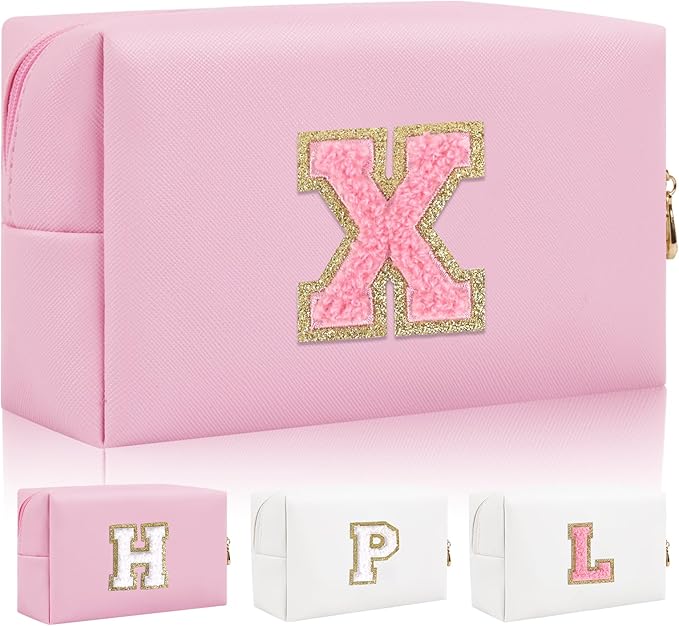 Personalized Initial Letter Patch Makeup Bag, Preppy Small Chenille Cosmetic Bag with Zipper, PU Leather Waterproof Travel Toiletry Bag Monogram Make Up Pouch for Women Girls