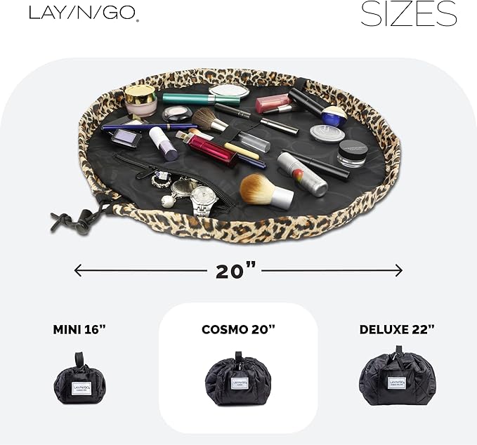 Lay-n-Go Cosmo Layflat Drawstring Cosmetic & Makeup Bag Organizer w/Zipper Pocket, Brush Loops & More, Cinch to Close, Lay Flat to Use, Durable, Machine Wash, Travel Toiletry Bag (20", Leopard)