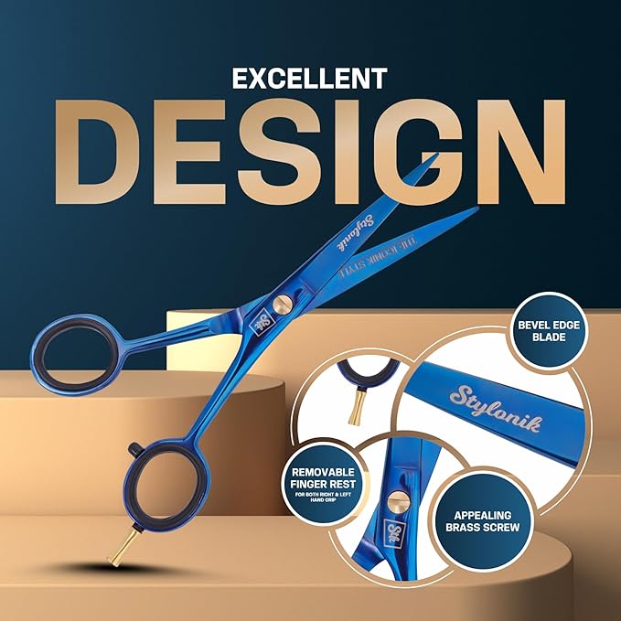 Hair Cutting Scissors-Professional Hairdressing Scissors for Women,Men,Hair Stylists,Salon,Barber- 6.5-Inch Stainless Steel Hair Scissors with Finger Rest (Classic Scissor Blue Titanium)