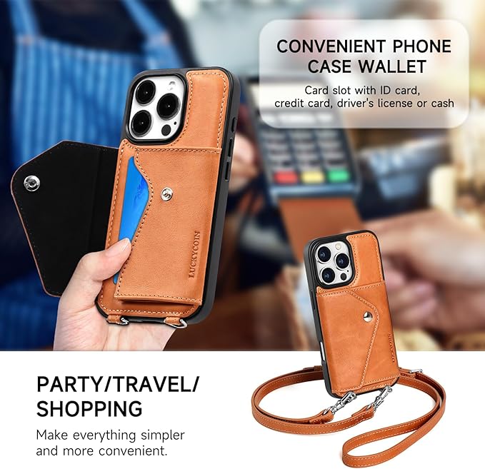 LUCKYCOIN Crossbody Wallet Phone Case for iPhone 16 Pro,100% Genuine Leather Wallet Phone Case with Expandable Flip Card Holder,Phone Purse for Women with Adjustable Removable Strap - Tan