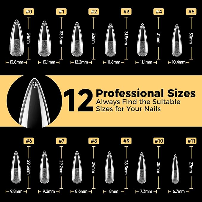 UNA GELLA Long Stiletto Gel Nail Tips, 600Pcs Pre Etched Long Stiletto Almond Nail Tips Clear Fake Nails Press on Nails No C Curve for DIY Christmas Art Salon at Home 12 Sizes