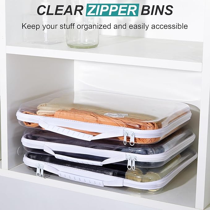 Hoolerry 3 Pcs Clear Hard Zipper Case Plastic Pouch Transparent Hard Case Clear Makeup Bag Portable Travel Organizer Bin for Cosmetics, Building Blocks, Puzzles(White,L)