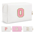 Personalized Makeup Bag Initial A-Z Preppy Patch Bag,Small PU Leather Travel Cosmetic Bag Pouch with Zipper,White Cute Toiletry Bag,Gift Ideal for Teen Girls Women Birthday Friend Mom,Letter O