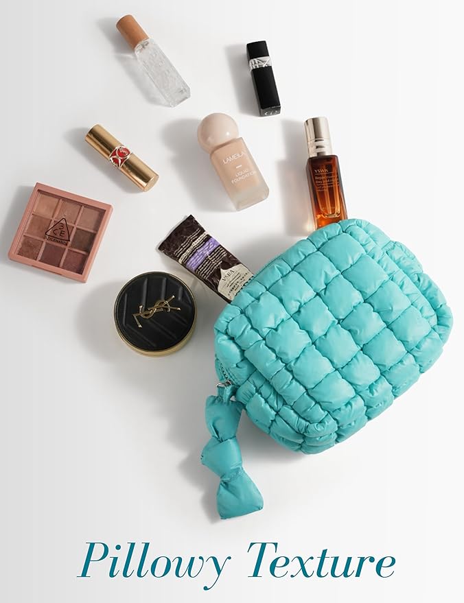 Yarnic Quilted Makeup Bag Puffy Cosmetic Bag, Quilt Travel Toiletry Bag Puffer for Women, Cute Makeup Bag Organizer Soft Makeup Pouch (Turquoise, S)