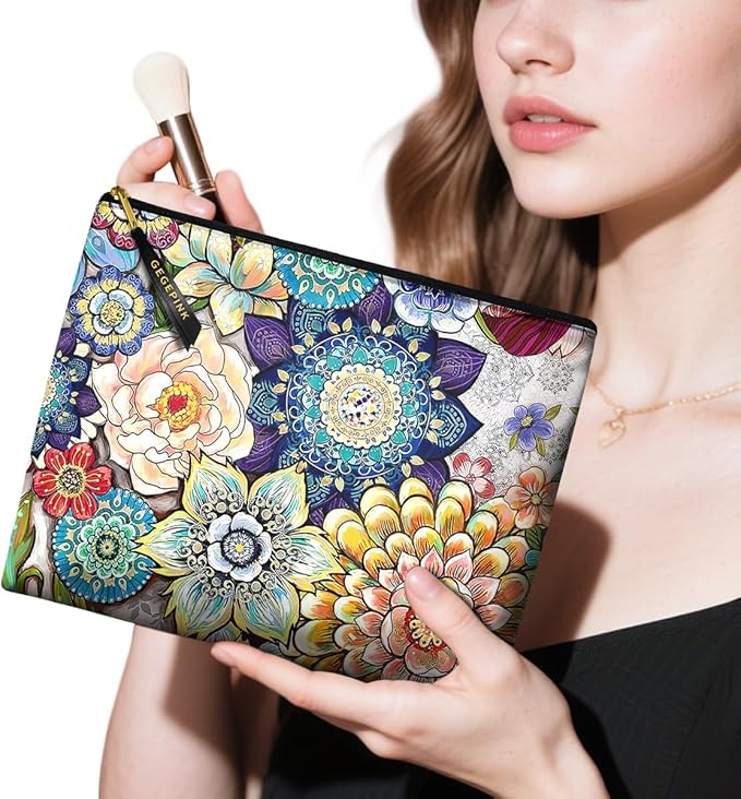 Cute Makeup Bag for Purse Waterproof Cosmetic Bags for Women Funny Smooth Zipper Travel Toiletry Pouch 10X8 Inches-Boho Floral Makeup pouch