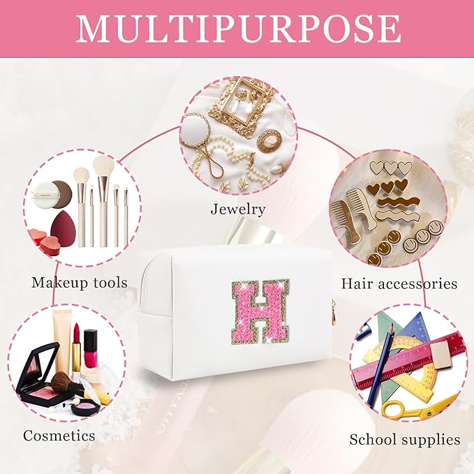 Personalized Initial Makeup Bag, Small Glitter Letter Patch Cosmetic Pouch Zipper, Preppy Makeup Organizer PU Waterproof Travel Toiletry Bag,Monogrammed Birthday Gift for Women Girls(Letter H)