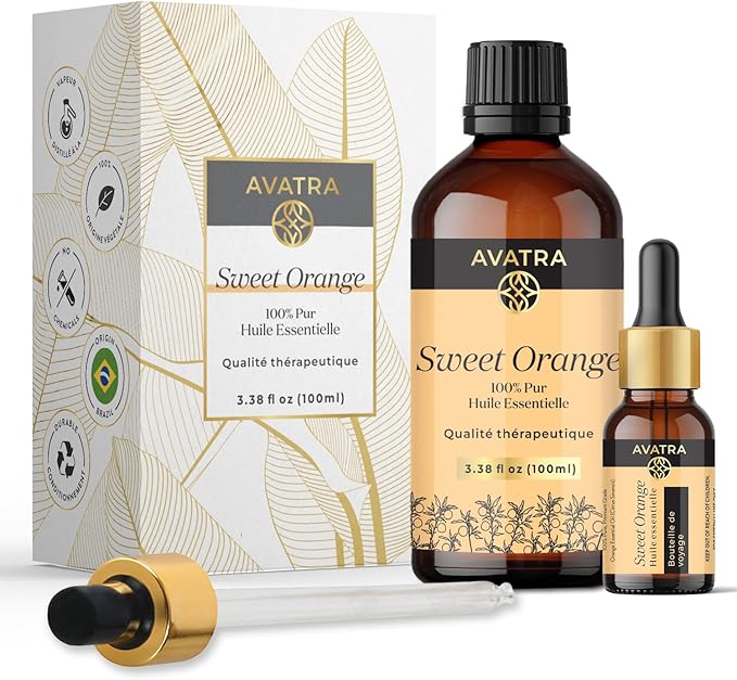 Avatra Brazilian Sweet Orange Essential Oil 100ml (3.38oz) - 100% Pure & Natural Orange Oil with Glass Dropper & Travel Bottle - Premium Essential Oil for Diffuser, Aromatherapy, Massage & DIY Candles