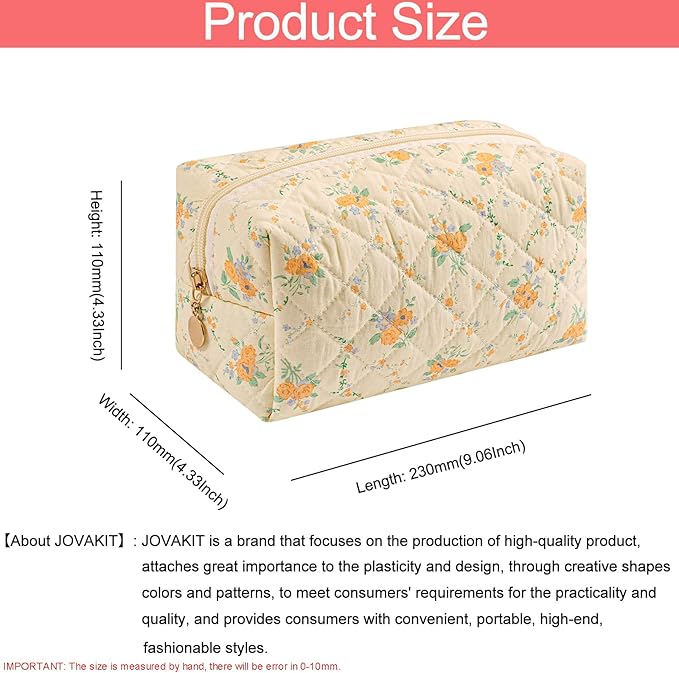 JOVAKIT Square Makeup Bag Cute Cosmetic Bag for Women, Floral Coquette Aesthetic Toiletry Bag, Zipper Make Up Pouch, Travel Make Up Organizer Bag (Yellow Orange Flower)