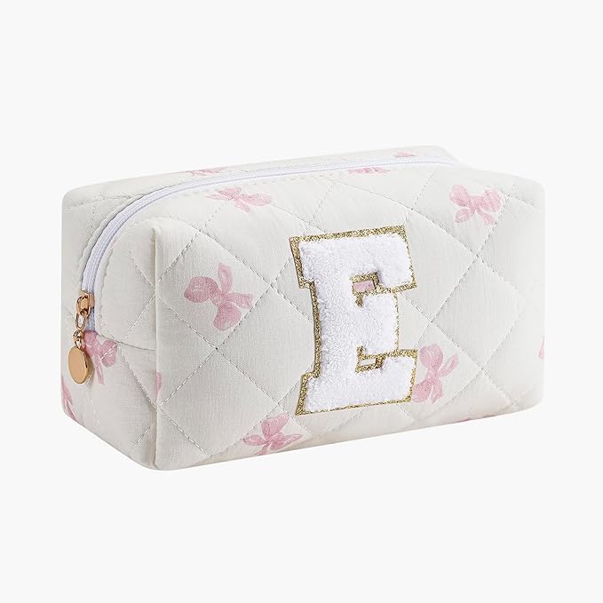 Gleyemor Personalized Initial Makeup Bag for Women, Cute Quilted Pink Floral Cotton Cosmetic Bag, Christmas Gifts for Her Mom Friend Sister Bridesmaid Teacher Women E