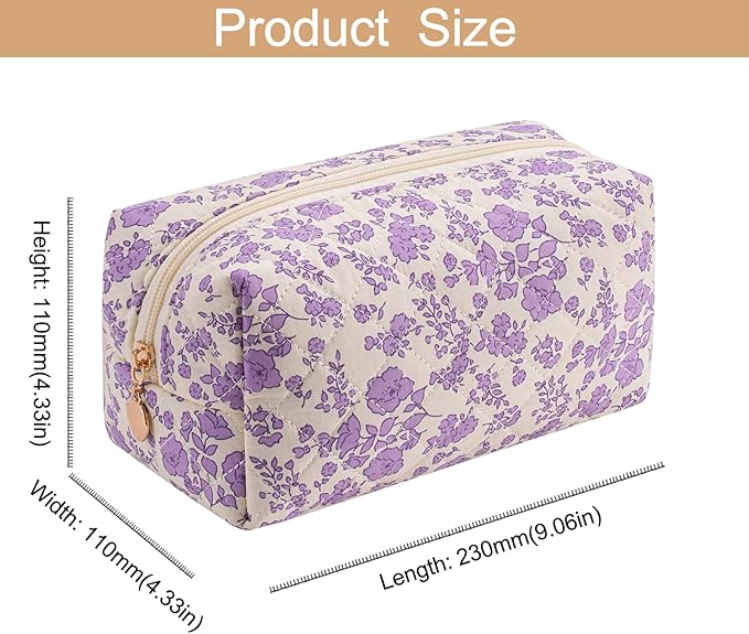 Cute Square Floral Cotton Makeup Cosmetic Bag for Women Girls, Travel Quilted Zipper Make Up Bag, Square Flowers Organizer Case Kawaii Makeup Cosmetic Travel Cloth Pouch (Purple Floral)