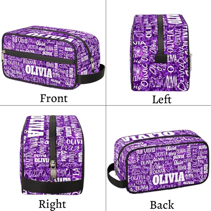 Personalized Makeup Bag with Name, Best Friends Teen Women Mom Birthday Gift Toiletry Travel Bag for Toiletries, Purple Glittering Sequins
