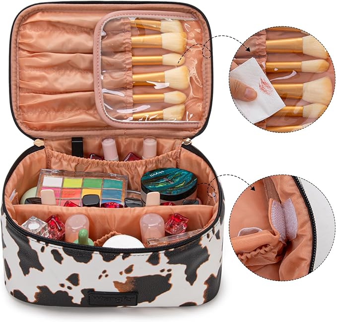 Montana West X Wrangler Travel Makeup Bag 2pcs Set Large Cosmetic Bag with Makeup Brush Holder Portable Make Up Organizer Cute Toiletry Bag with Divider and Handle for Women Cow Black