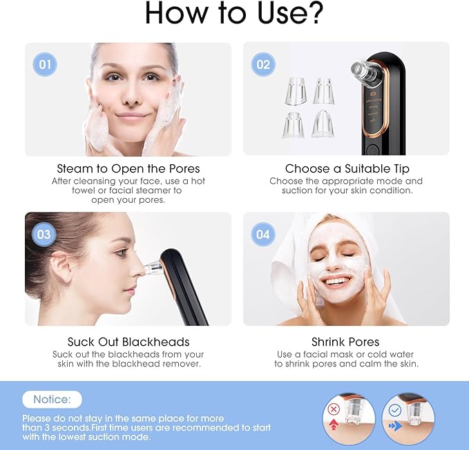 Yccu Blackhead Remover Vacuum Pore Extractor Black Head Remover for Face and Nose Blackhead Extractor Tool Pore Cleane Vacuum with USB Charge 4 Modes 5 Suction Heads for Women and Men (Black)