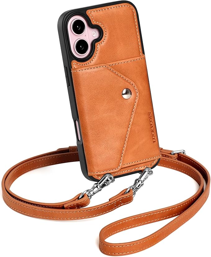 LUCKYCOIN Crossbody Wallet Phone Case for iPhone 16,100% Genuine Leather Wallet Phone Case with Expandable Flip Card Holder,Phone Purse for Women with Adjustable Removable Strap - Tan