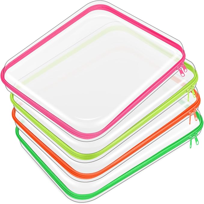 Hoolerry 4 Pcs Hard Clear Zipper Case Makeup Bags Plastic Pencil Pouch Transparent Storage Box Containers for Cosmetics, Snacks, Building Blocks, Puzzles(Fluorescent,13.8 x 11.8 x 2 in)
