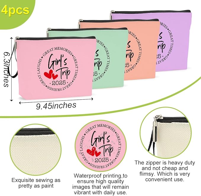 4Pcs Girls Trip Gifts Favors 2025 Weekend Bag Makeup Bag Weekender Bags for Women Sisters Niece Cosmetic Bag Zipper Pouch Wedding Bachelorette Party