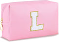 Initial Makeup Bag for Women Travel Small PU Leather Cosmetic Bag Cute Pink Personalized Preppy Chenille Letter Makeup Pouch for Purse Zippered Toiletry Organizer Makeup Case Ideal Gift（L）