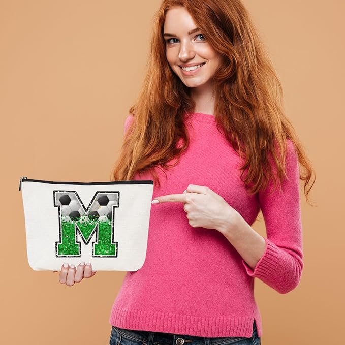Soccer Gifts Initial Makeup Bag Monogrammed Cosmetic Bag Letter M Zipper Pouch Soccer Accessories for Girls Women Player Coach Friend Stuff Graduation Birthday Gifts