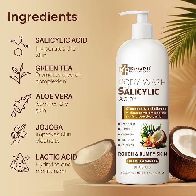 Exfoliating Body Wash with Salicylic Acid - No Dry Out, Gentle Exfoliates Rough and Bumpy Skin, Body Acne Wash, BHA & AHA - Coconut and Vanilla Salicylic Acid Body Wash - (16 fl oz x 2)