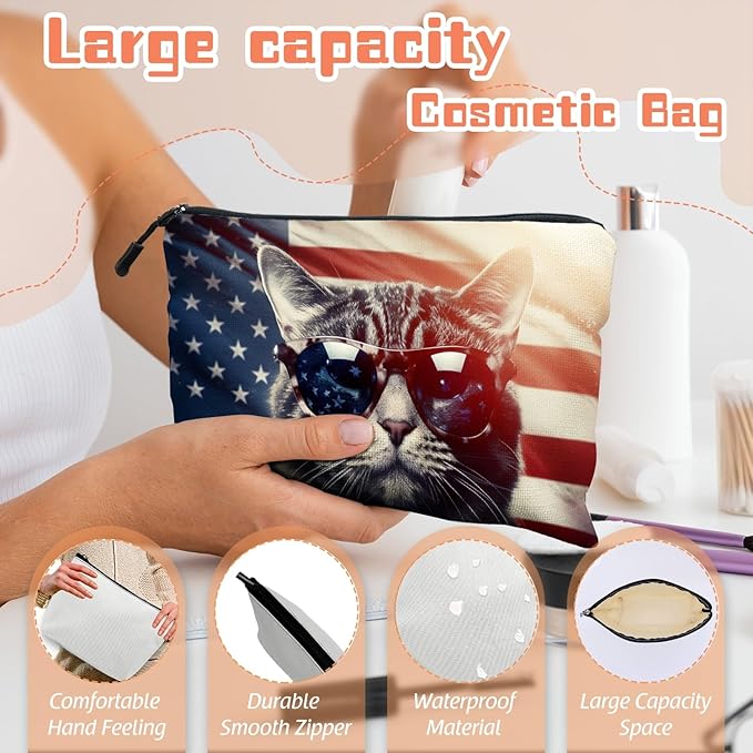 Cosmetic Bags Travel Makeup Toilet Case Waterproof Pouch for Women Girls 6.7X9.45inches - Cat Wearing Sunglasses With Flag Reflections in The Lenses
