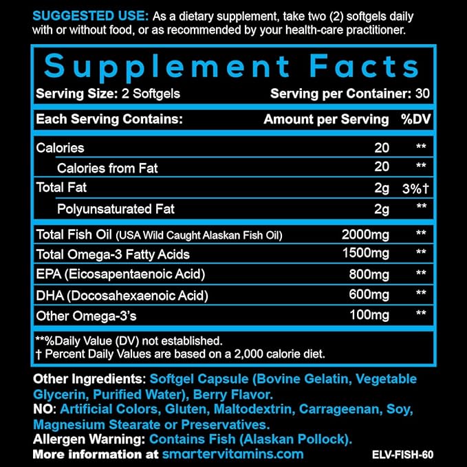 (3 Pack) Smarter Omega 3 Fish Oil, Berry Flavor, Burpless, Tasteless, 2000mg, DHA EPA Triple Strength Brain, Made with AlaskOmega®