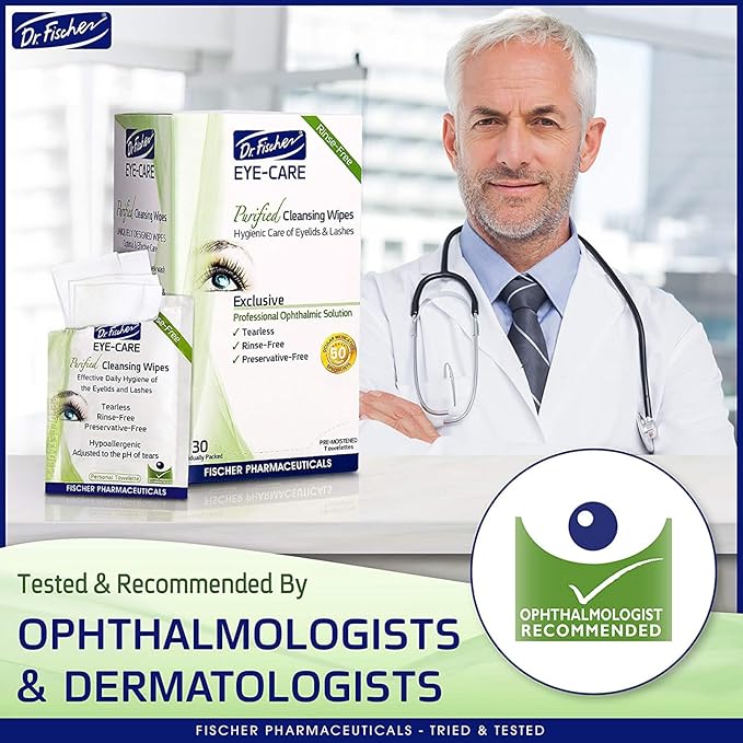 Dr. Fischer Eyelid Wipes - Hypoallergenic Preservative-Free Eye Cleansing Wipes for Sensitive Eyelids (Twin Pack).