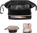 Gifts for Girls, Initial Large Makeup Bag, Personalized Double Layer Cosmetic Bag with Makeup Brush Organizer, PU Leather Travel Toiletry Bag Gift For Daughter, Preppy Things For Girls