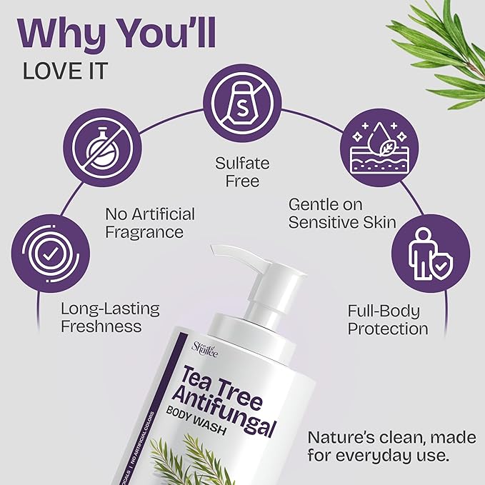 Antifungal Tea Tree Body Wash - Antibacterial Soap for Jock Itch, Eczema, Back Acne, Ringworm Treatment for Humans | Antibacterial Body Soap For Men & Women with 1% Tolnaftate & Tea Tree Oil - 16.9 oz