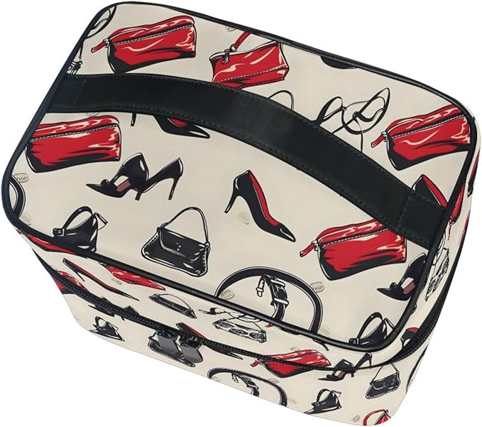 Makeup Train Case High Heels Handbags Print Carrying Portable Zip Travel Cosmetic Brush Bag Organizer Large for Women