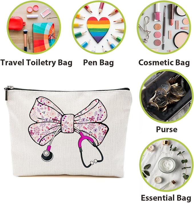 Nurse Gifts, Pink Bow Makeup Bag, Nurse Accessories Funny Horse Cosmetic Bag, Doctor Gift Nursing Travel Organizer Zipper Pouch Thank You Nurses Week Gifts for Women Coworker Physician Assistant