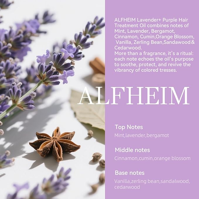 ALFHEIM Lavender+ Purple Hair Oil for Blonde, Silver & Color-Treated Hair – Anti-Brass & Frizz Control Serum – Restores Shine, Smoothness & Cool Radiance – with Grape Seed Oil – 3.38 oz / 100 ml