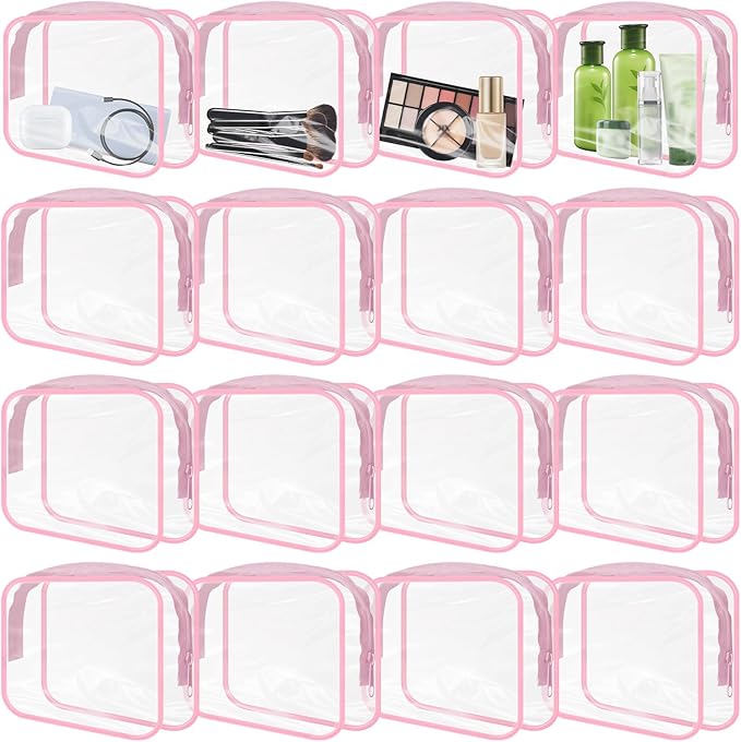 16 Pieces Clear Makeup Bags Bulk, TSA Approved Toiletry Bags Travel Pouch, Waterproof PVC Plastic Small Clear Cosmetic Bags with Zipper for Organizing (Pink Border)