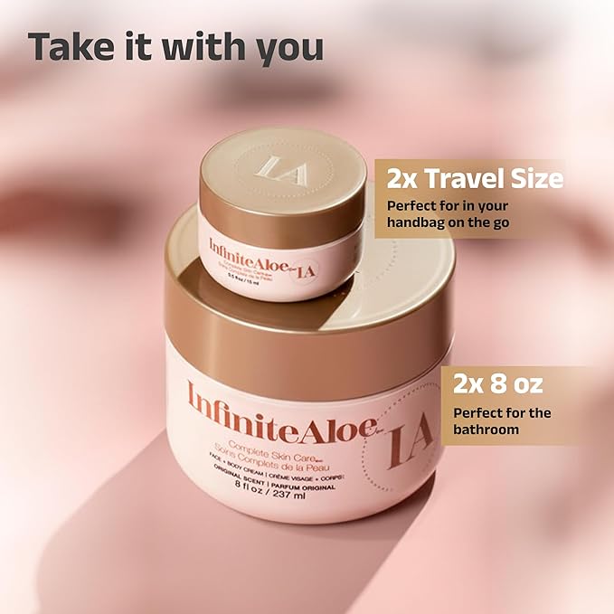 InfiniteAloe Complete Skin Care, Aloe Vera Powered Face and Body Cream for All Skin Types, Dry Skin Everyday Hero, Original Scent - 2 Large Jar 8 oz & 2 Travel Jar 0.5 oz