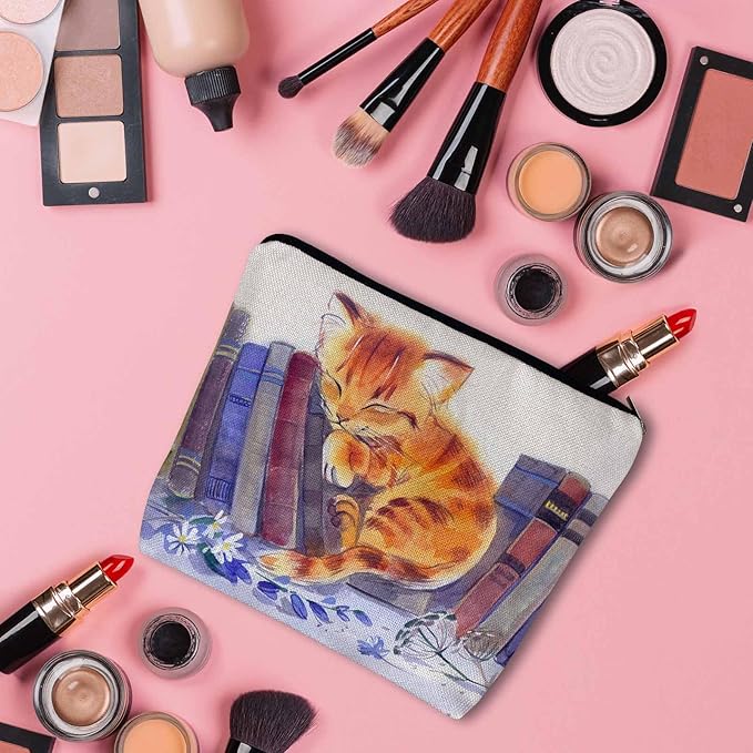 Cat Cosmetic Travel Bag For Toiletries, Funny Cat Kitten Sleep Floral Library Bookshelf Makeup Bag Toiletry Bags For Women, Flax Cosmetic Bags Make Up Bag Purse Toiletries Bag Birthday Gift