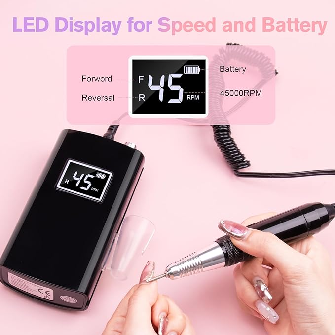 Beloving Portable Nail Drill Professional, 45000RPM Rechargeable Nail Drill Electric File Machine for Acrylic Gel Polish Remover, Cordless Nail Kit for Manicure Pedicure with 11 Bits for Salon (Black)