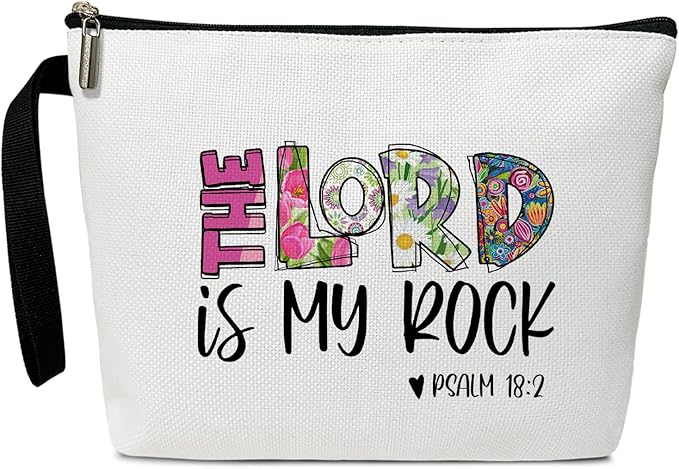 Christian Cosmetic Bag for Women Accessories Organizer, Religious Gifts Bible Verses Gifts for Women Coworker, Travel Essentials Purse Toiletry Pouch Cosmetic Bag with Zipper (THE LORD IS MY ROCK)