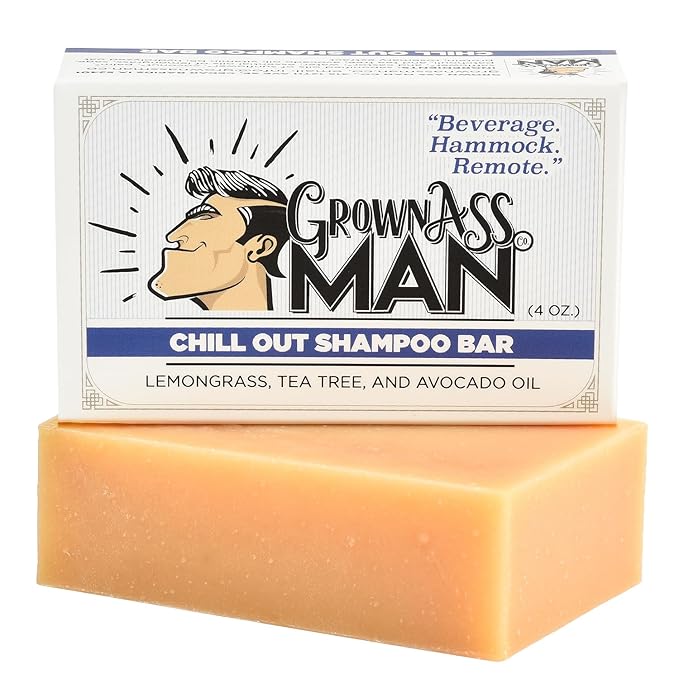 Grown Ass Man Co. - Solid Shampoo Bar Rich Lather 3 in 1: Hair, Beard & Body Wash - Plastic Free & Eco-Friendly, Natural & Organic Clean for All Hair Types, 4oz Bar (Chill Out, Single)