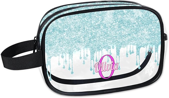 Custom Clear Makeup Toiletry Bag, Personalized Travel Cosmetic Organizer Case Portable Bag with Zipper, Lavender Purple, Light Blue Curtain Glittering