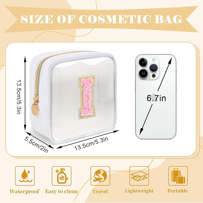 Personalized Initial Letter Clear Preppy Makeup Bag,Mini Nylon Chenille Letter Cosmetic Bag Cute Zipper Pouch Purse for Teen Girls,Portable TSA Approved Beach Travel Essentials Bag Gift for Women,I