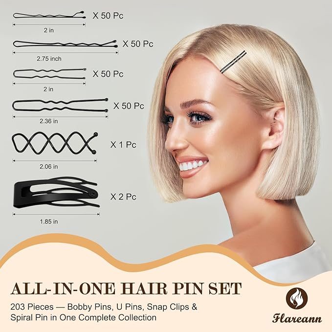 Bobby Pins Set Black – Styling Kit for Women & Girls with Bobby Pins, Spiral Pin & Snap Clips, Great for Updos, Buns, Bridal Looks & Events