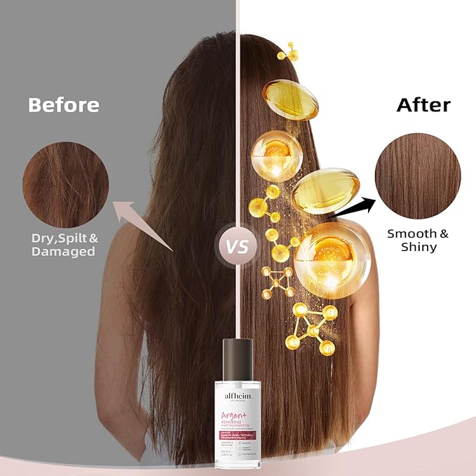 ALFHEIM Argan+ Repairing Hair Oil Serum for Dry, Damaged & Frizzy Hair with Argan Oil, Keratin, Panthenol & Vitamin E – Deep Nourishment, Smoothness & Shine – Non-Greasy, Sulfate Free – 3.38 oz