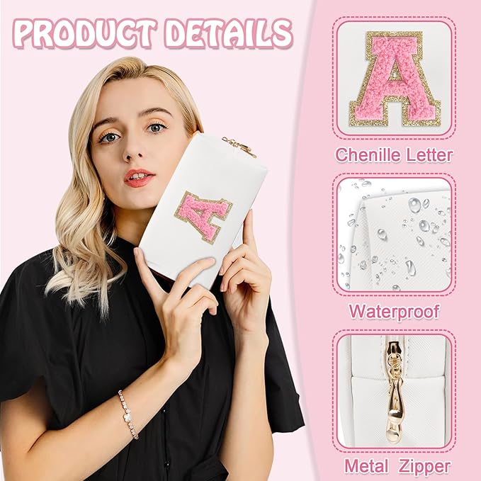 Personalized Initial Preppy Patch Makeup Bag, Small Travel Cute Cosmetic Pouch Makeup Case Toiletry Zipper Pouch, Monogram Waterproof PU Leather Chenille Letter Storage Bag Gift for Women(Letter A)