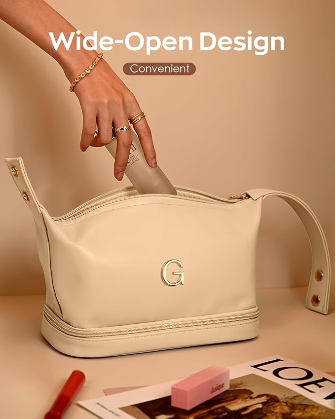Letter Makeup Bags, Personalized Bags with Handle, Waterproof Double Layer Cosmetic Bag, Large Capacity PU Leather Makeup Bags Letter Travel Toiletry Bag with Makeup Brush Organizer