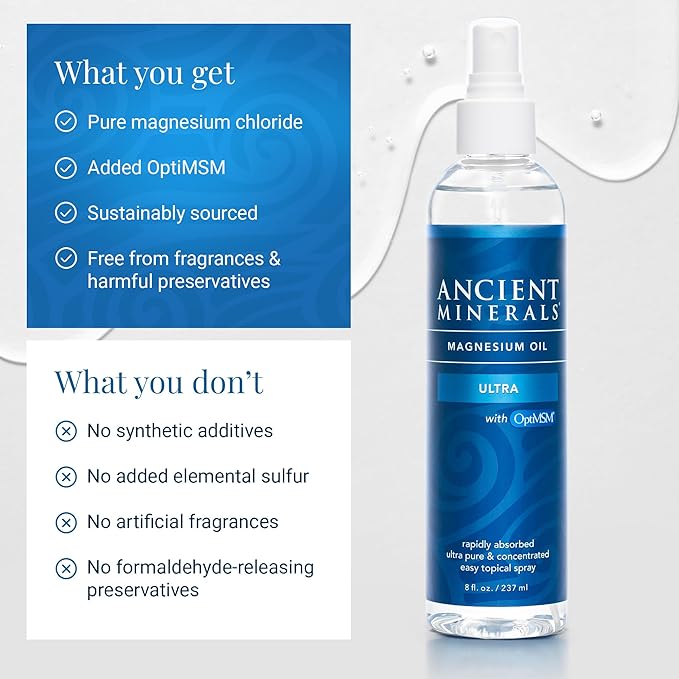 Ancient Minerals Ultra Magnesium Oil Spray Bottle of Pure Genuine Zechstein Magnesium Chloride - Topical Skin Application (8oz)
