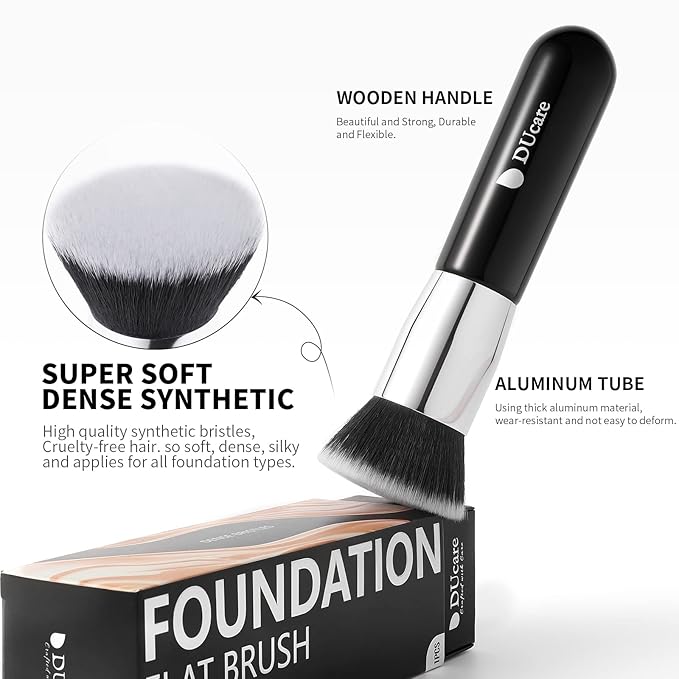 DUcare Kabuki Foundation Brush for Liquid Makeup Flat Top Professional Stick Buffing Blending Mineral Powder Large Face Makeup Brush, Black