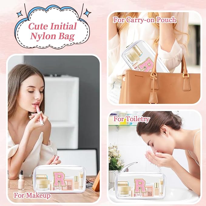 Small Clear Personalized Initial Makeup Bag,Nylon Preppy A-Z Chenille Letter Patch Cosmetic Pouch Beach Toiletry Bag,Waterproof Zipper Travel Purse Storage Bag Organizer for Women Girls(White-Pink R)
